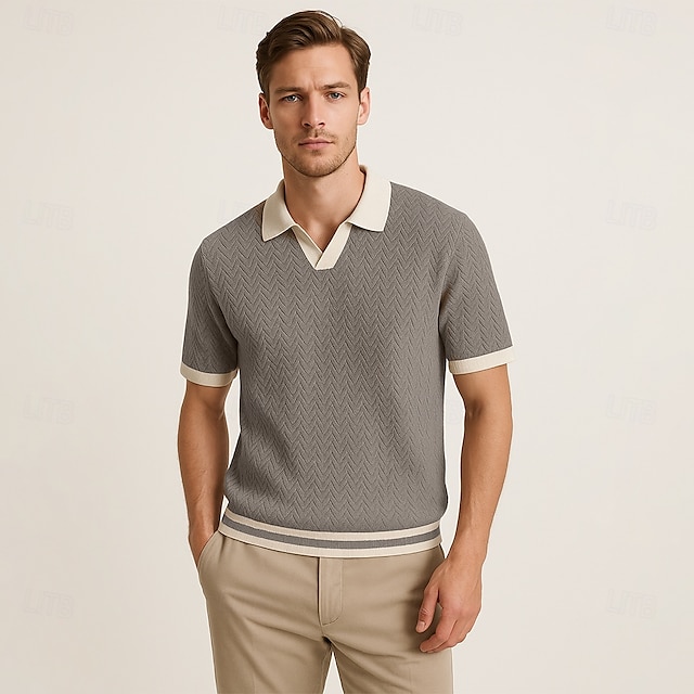  Herren Polo Geschäft Lässig Umlegekragen Kurzarm Farbblock Jacquard V-Ausschnitt Weich Sommer Frühling Herbst Normale Passform Weinrot Schwarz Khaki Polo
