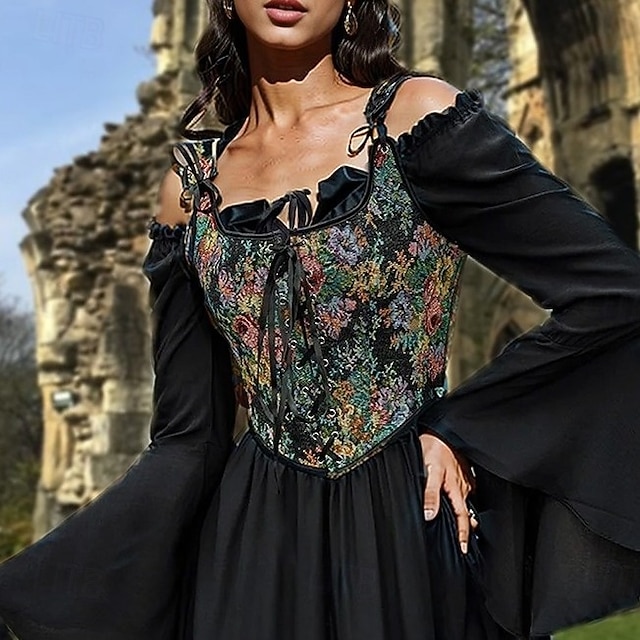  Retró Középkori Reneszánsz Fűző Prsluk Bustier Fűzős Virágos Jacquardszövet Jelmez Női Kelta Fantasy királyi Mindszentek napja Farsang Parti Alkalmi / Napi LARP Felnőttek Fűző