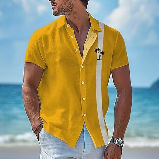 Men's Shirt Summer Shirt Casual Shirt Beach Shirt Button Up Shirt Yellow Light Blue Short Sleeve Coconut Tree Lapel Vacation Hawaiian Print Clothing Apparel Polyester Fashion Casual Comfortable3