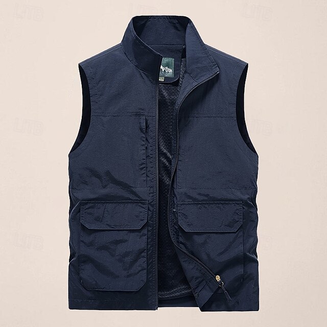  Men's Fishing Vest Sleeveless Vest Outdoor Modern Contemporary All Seasons Multi Pocket Chinlon Outdoor Solid / Plain Color Zipper Standing Collar Standard Fit Black ash-colored khaki Army Green Vest