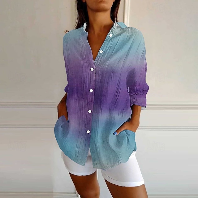  Dame Skjorte Bluse Batikkfarget Moderne Fritid Langermet Skjortekrage Vanlige topper Ferie Ut på byen Knapper Lilla Sommer