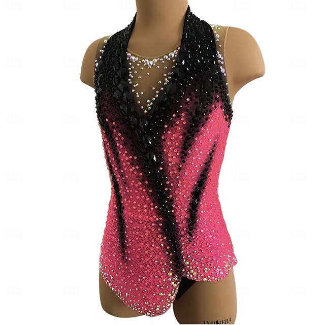Rhythmic Gymnastics Leotard Women's Girls' Ice Skating Gymnastics Leotard Dark Pink Thumbhole Halo Dyeing High Elasticity Professional Competition Skating Wear Crystal / Rhinestone Sleeveless Ice Skating4