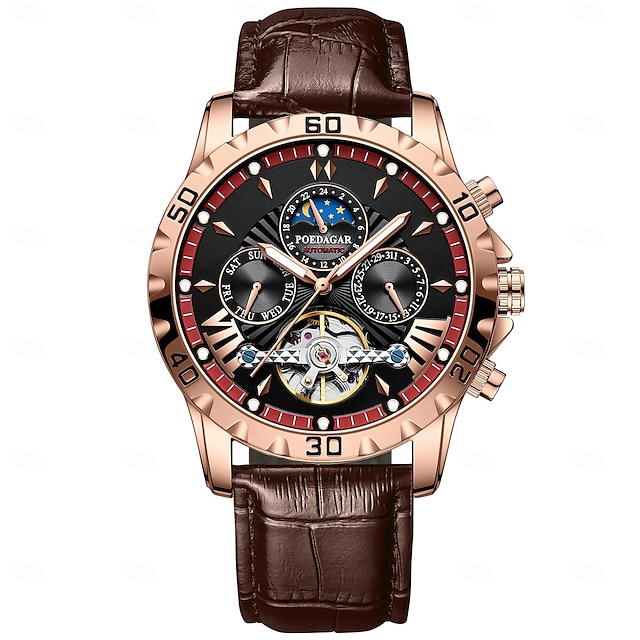  1410 Męski Automatyczny Zegarek Mechaniczny – Wielofunkcyjny Tourbillon z Oryginalnym Skórzanym Pasek Luminous Cyferblat 30M Wodoodporny Szklany Szafir Klasyczny Biznesowy
