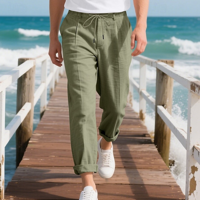  Homens Calças de linho Calças Calça verão Calças largas Calças de praia Com Cordão Cintura elástica Perna reta Tecido Conforto Respirável Comprimento total Ao ar livre Casual Feriado Férias Moda