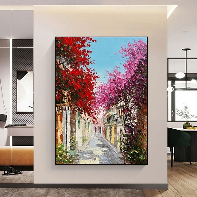  handgemaltes Ölgemälde einer mediterranen Gasse – blühende Bougainvillea, goldenes Wald-Ölgemälde, handgemachtes Herbst-Ölgemälde, Landschaftsgemälde, Wandkunst für die Wohnzimmerdekoration