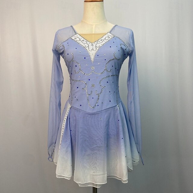 Figure Skating Dress Women's Girls' Ice Skating Dress Blue Stretchy Training Competition Skating Wear Thermal Warm Crystal / Rhinestone Long Sleeve Ice Skating Figure Skating3