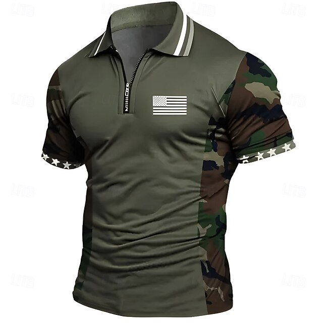 Independence Day Men's Male American US Flag Zip Polo Short Sleeve Turndown Casual Daily Outdoor Athleisure Casual Daily Zipper Summer Army Green4