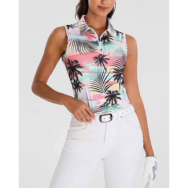Women's Tropical Tennis Shirt Sleeveless Print UPF50+ Quick Dry Tennis Golf Outdoor Exercise Zip Collar Tee Tshirt Top Pink Tennis Clothing4