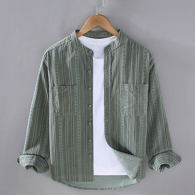  Per uomo Camicia Camicia Estiva Camicia casual Camicia da Spiaggia Camicia con Bottoni Verde Kaki Manica Lunga A righe Colletto alla coreana Vacanza Camicia hawaiana Tasca Abbigliamento Poliestere
