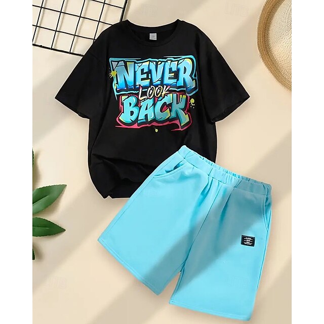  2 osainen Lapset Poikien Puku T-paita ja shortsit Asu Kirjain Lyhythihainen Crewneck Aseta ulko- Urheilu Muoti Kesä 4 vuotta + Musta Valkoinen Rubiini