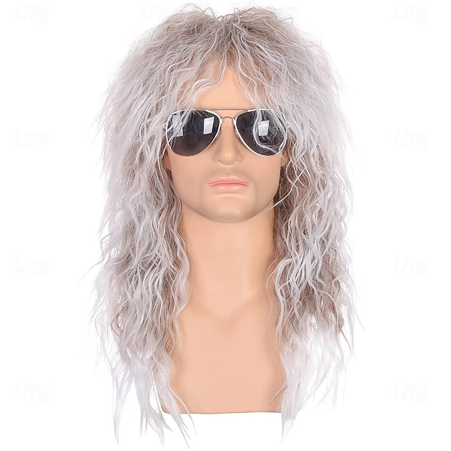  męskie damskie lata 80. rockstar styl długie brązowe kręcone punk rock włosy peruka glam rock-rocker peruka idealna na halloween cosplay diy tematyczny kostium impreza