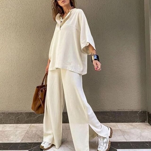  Femmes Mode Streetwear Chemises en coton et lin Ensembles en coton et lin Ensembles de Pantalons Manche 3/4 Col en V Uni Tenue quotidienne Date Blanche Beige Été Coupe régulière