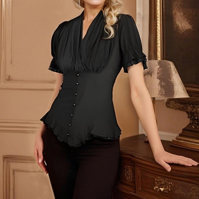  Rococó Vitoriano Medieval Blusa / Camisa Corpete Viking Maria Antonietta Elfo Renda Fantasia Mulheres Pirata Real Steampunk Dia Das Bruxas Carnaval Baile de Máscaras Espetáculo Adulto Blusa