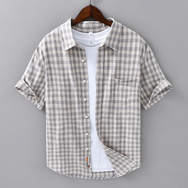  Voor heren Overhemd Zomer overhemd Normaal shirt Strand hemd Overhemd met knopen Zwart Grijs Korte mouw Ruitjes Revers Vakantie Hawaii Zak Kleding Modieus Casual Comfortabel