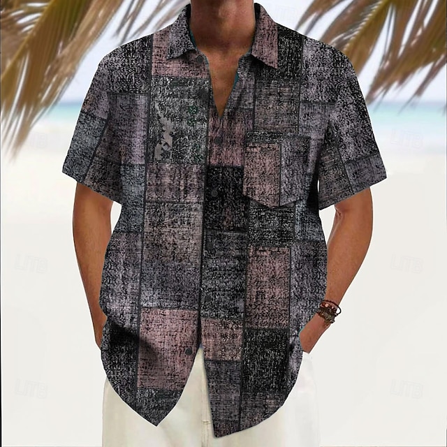  Men's Geometric Color Block Patchwork Shirt Summer Shirt Button Up Shirt Short Sleeve Fashion Casual Outdoor Vacation Dailywear Summer Spring Turndown 3D Print Collared Shirts Front One Pocket Pink