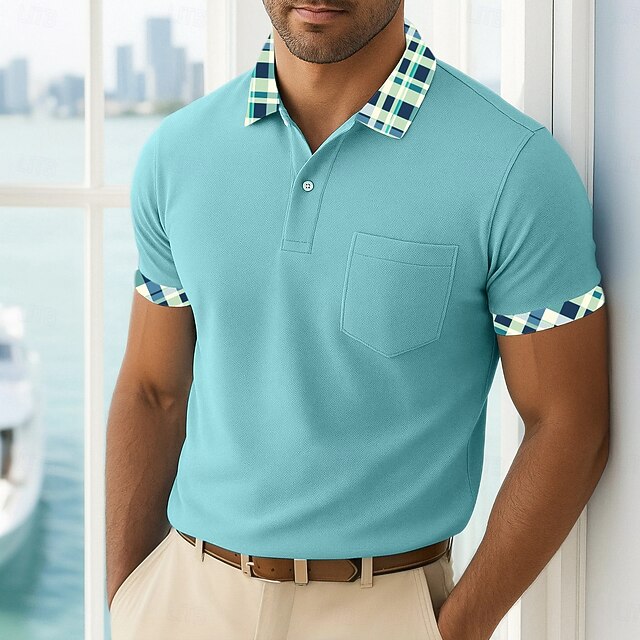 Men's Golf Shirt Pique Polo Shirt Business Casual Turndown Classic Short Sleeve Fashion Basic Solid Color Color Block Buttons Summer Spring &  Fall Regular Fit Turquoise Golf Shirt4