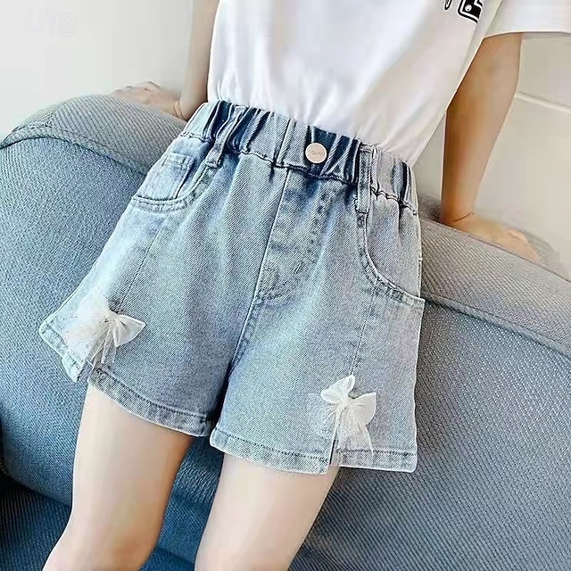  Kids Girls' Shorts Butterfly Streetwear Patchwork School 4-12 Years Summer Blue Dusty Blue Light Grey