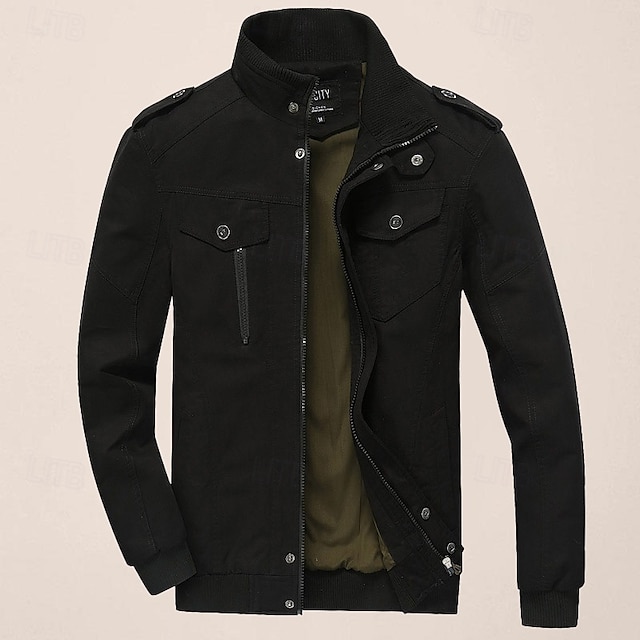  Herren Einsatzjacke übergangsjacke Ausgehen Windjacke Tasche Ganzjahres Einfach Klassisch Stehkragen Regulär Schwarz Khaki Armeegrün Jacken