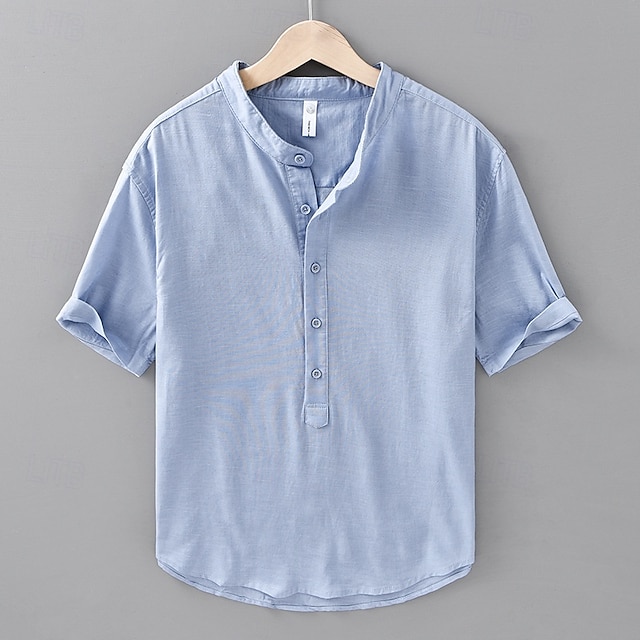  Per uomo Camicia Camicia di lino Camicia popover Camicia casual Camicia di cotone Semplice Vacanza Streetwear Bianco Blu marino Blu Beige Manica Corta Colletto alla coreana Estate Abbigliamento