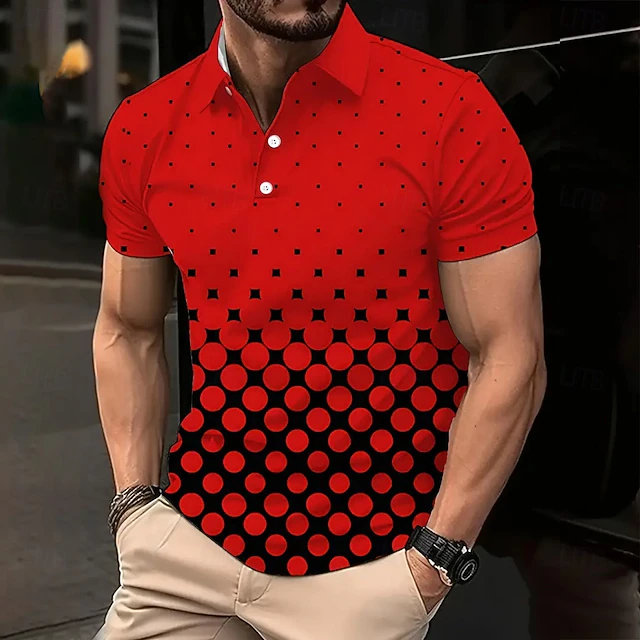 Men's Geometic Polo Short Sleeve Polo Shirts Collared Shirts Business Casual Athleisure Buttons Summer Red4