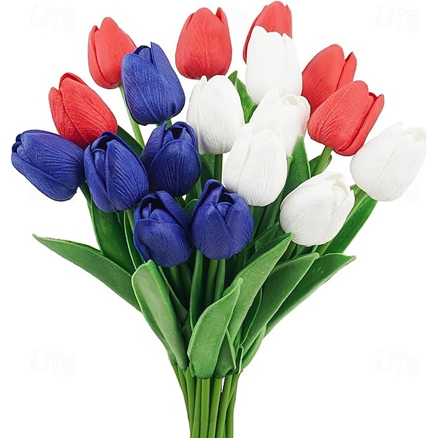  18 db igazi tulipán, mesterséges hazafias virágok július 4-i dekorációra, temetői virágok sírvázába, emléknapra, függetlenség napjára, dekoráció