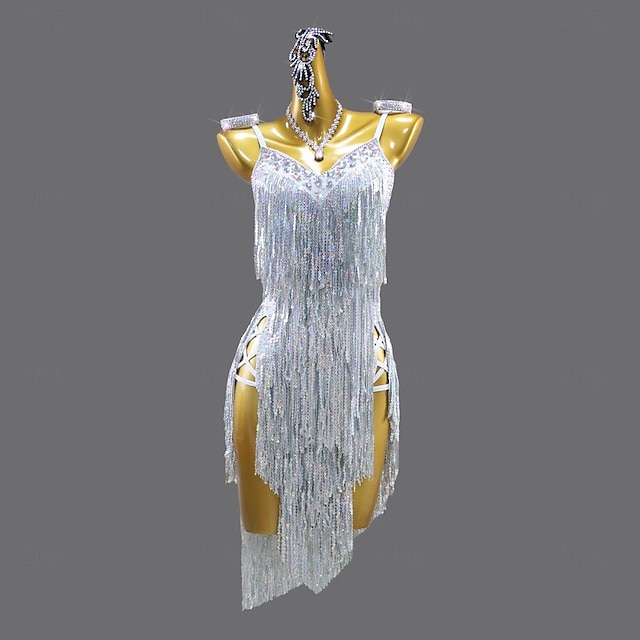  Lateinischer Salsa-Tanz Kleid Kristall / Strass Quaste Pailletten Damen Leistung Party Ärmellos Chinlon Spandex