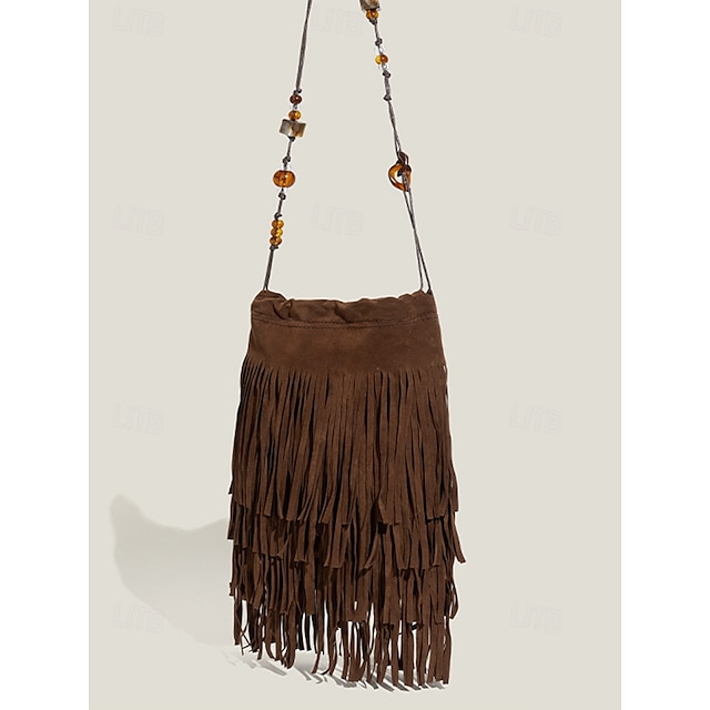 Women's Boho Fringe Crossbody Bag with Beaded Strap – Vintage Suede-Look Shoulder Purse for Festivals, Travel and Casual Outfits