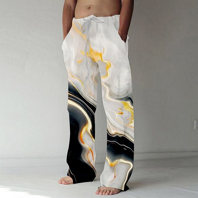 Men's Marble Abstract Liquid Art Trousers Baggy Pants Casual Pants Mid Waist Casual Outdoor Vacation Daily Drawstring Elastic Waist Wide Leg Summer Spring 3D Print White4