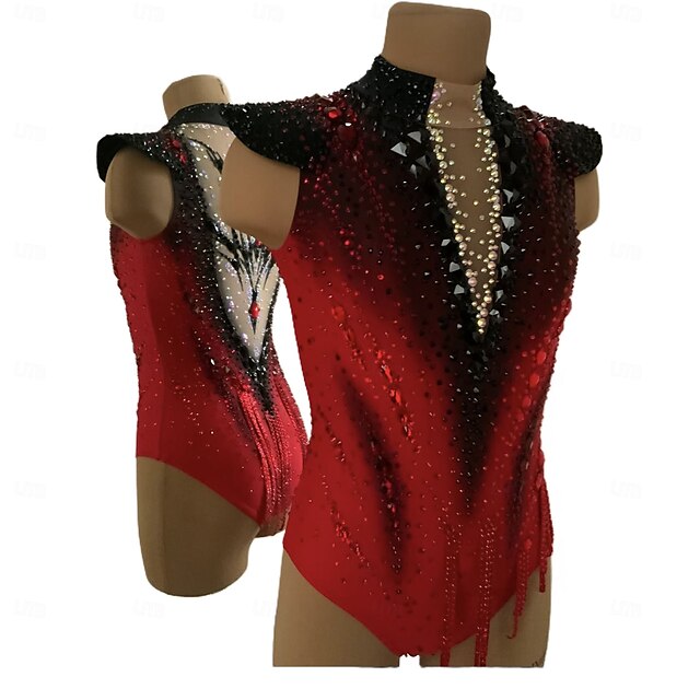 Turnanzug für rhythmische Sportgymnastik Damen Mädchen Eiskunstlauf Gymnastikanzug Gelb Daumenloch Halo-Färbung Hohe Elastizität Professionelle Wettkampf-Skating-Kleidung Kristall/Strass Ärmelloses