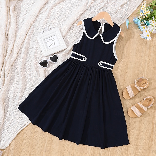  Kids Girls' Dress Solid Color Sleeveless Formal Casual Buttons Fashion Casual Polyester Knee-length Black Dress Casual Dress Summer 7-13 Years Black