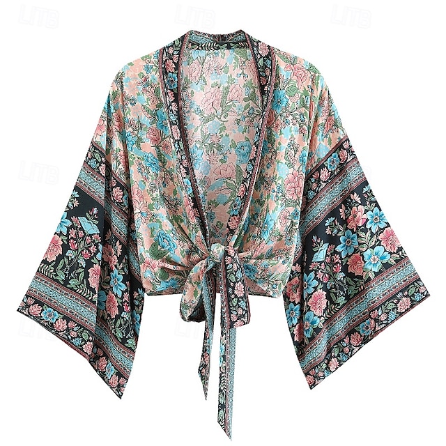  Femmes Maillots de Bain Vêtement couvrant Maillot de bain Nœud devant Tropical Tenues de plage Fleur Col en V manche longue Maillots de bain