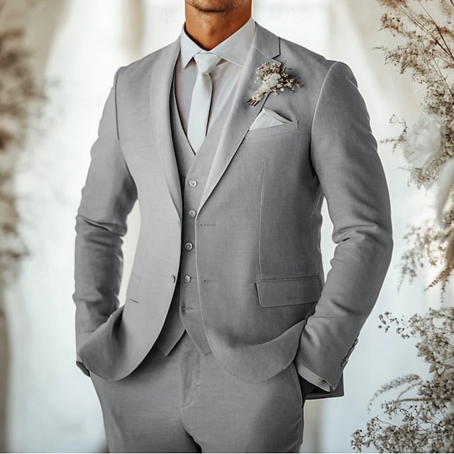  Pour des hommes Mariage Costumes en lin Revers Cranté Gris Claire Mode Formel Couleur Unie Coupe Standard 3 pièces Simple Boutonnage Deux Boutons