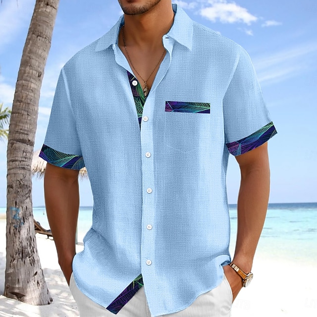  Herre Skjorte Linned skjorte Sommer skjorte Strand Tøj Button Up skjorte Helfarve Ferierejse Curise Sort Hvid Grøn Lyseblå Kortærmet Krave Sommer Forår sommer Tøj Farveblok