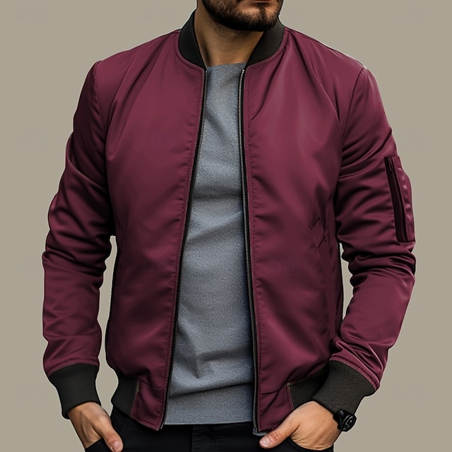  Men's Bomber Jacket Transition Jacket Daily Wear Windbreaker Zipper Pocket All Seasons Plain Streetwear Stand Collar Regular Black Yellow Red Army Green Dark Blue Jacket