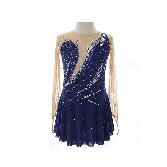 Figure Skating Dress Women's Girls' Ice Skating Dress Dark Blue Patchwork Thumbhole Mesh Spandex Stretchy Training Practice Professional Skating Wear Thermal Warm Crystal / Rhinestone Long Sleeve Ice4