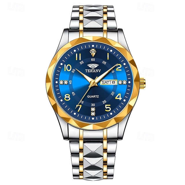  A New Digital Diamond-Shaped Dial Elegant Men'S Quartz Watch - Ipx7 Waterproof Rating Luminous Date And Day Display Alloy Strap - Fashionable And Trendy Versatile For Casual Wear Ideal Gift For Li