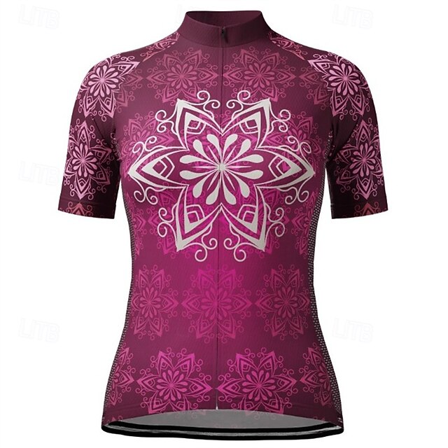Women's Cycling Jersey Flower Short Sleeve Bike Tee Tshirt Jersey Top with 3 Rear Pockets Mountain Bike MTB Road Bike Cycling Quick Dry Reflective Strips Moisture Wicking Breathable Sports Rose Red4