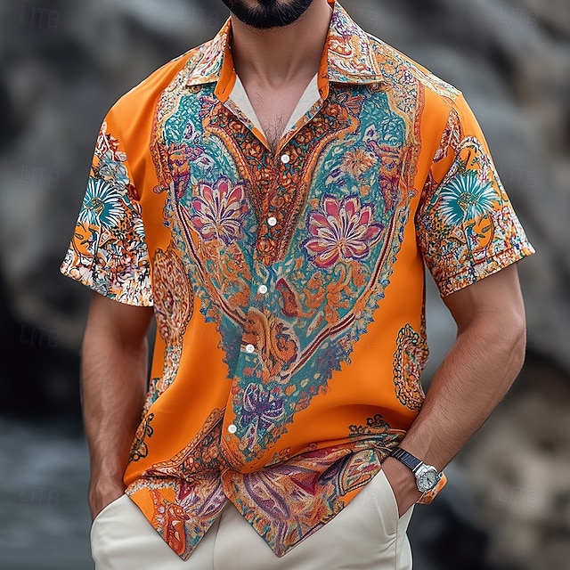  Herr Blomtryck Indisk Bohem Skjorta Hawaii skjorta Knapp upp skjorta Kortärmad Hawaiisk Semester Helgdag Standkläder Sommar Vår Nedvikt 3D-utskrift krage skjortor Blå Orange