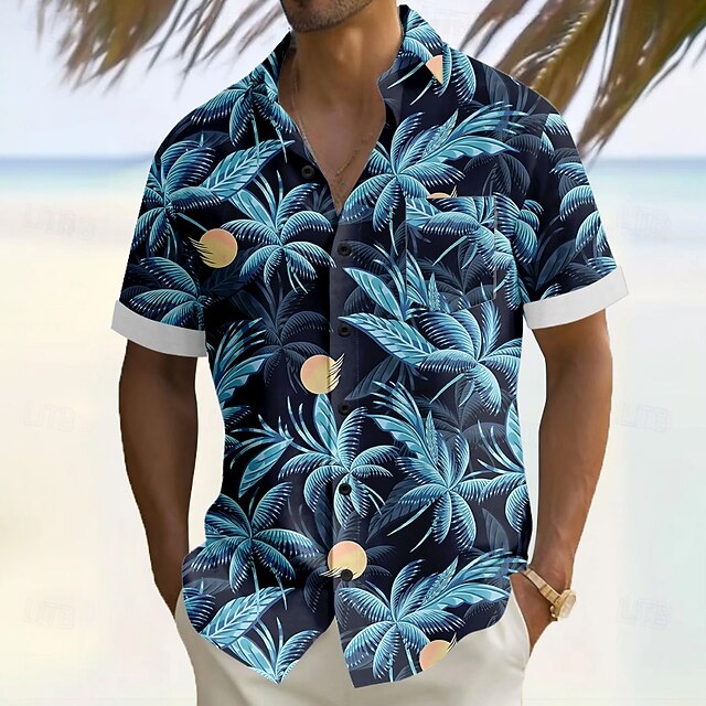 Men's Coconut Tree Tropical Plants Summer Hawaiian Shirt Button Up Shirt Aloha Shirt Short Sleeve Hawaiian Vacation Holiday Beach Wear Summer Turndown 3D Print Front One Pocket Linen Like Shirt Dark4