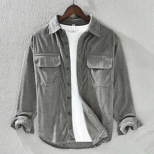  Men's Casual Shirt Corduroy Shirt Shirt Jacket Plain Vacation Daily Wear White Dark Gray Apricot Long Sleeve Lapel Spring Autumn / Fall Clothing Apparel Pocket