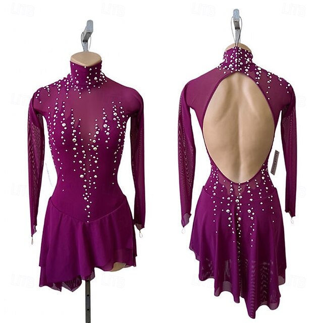 Figure Skating Dress Women's Girls' Ice Skating Dress Fuchsia Patchwork Open Back Mesh Spandex High Elasticity Training Competition Skating Wear Classic Crystal / Rhinestone Long Sleeve Ice Skating4
