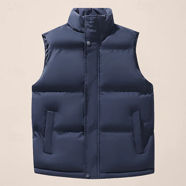 Men's Puffer Vest Daily Casual Spring & Fall Pocket Polyester Comfortable Solid Color Zipper Stand Collar Black Blue Khaki Vest 19