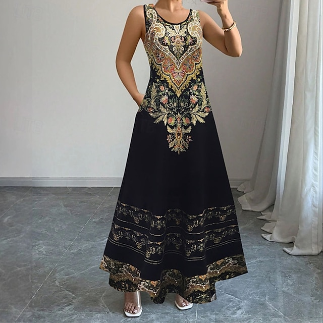  Damen Langes Kleid Maxikleid Freizeitkleid Trägerkleid Mode Outdoor Party Ferien Normale Passform Geometrisch Ärmellos Rundhalsausschnitt Schwarz Rote Grün Sommer