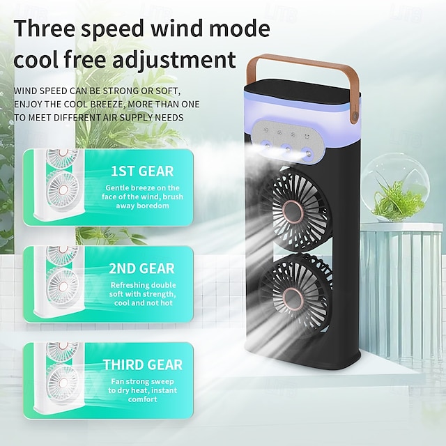  Portable Dual Head Mist Fan with Humidifier, USB Rechargeable Cooling Fan with 3 Speeds and LED Light for Home Office Travel