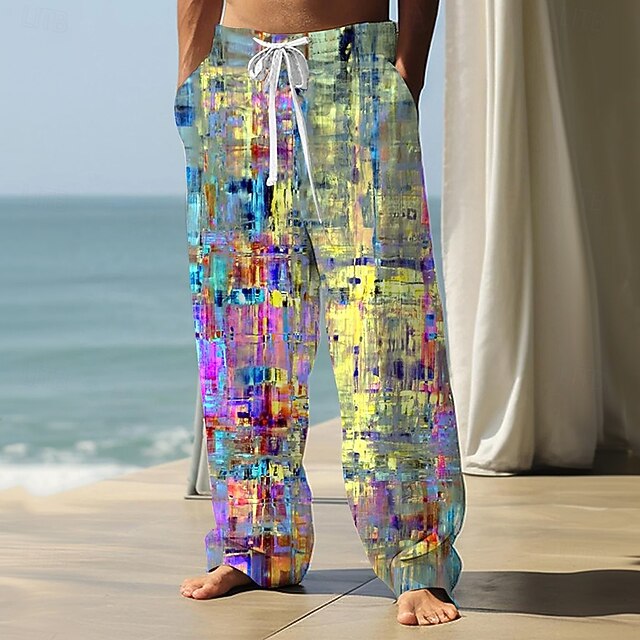 Men's Geometric Color Block Patchwork Trousers Baggy Pants Casual Pants Mid Waist Casual Outdoor Vacation Side Pockets Wide Leg Elastic Drawstring Waist Summer Spring 3D Print Blue4
