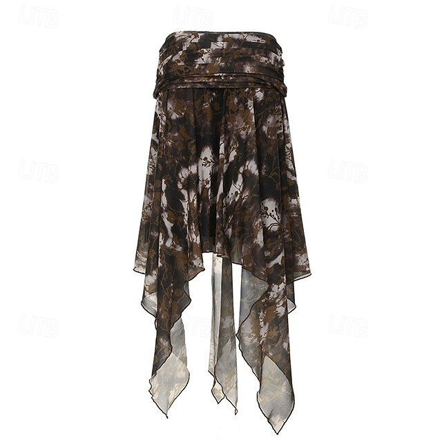  Damen Rock Mode Boho Midi Mittlere Hüfthöhe Röcke Blumen Unregelmäßiger Saum Druck Mikroelastisch Urlaub Straße Braun Sommer Polyester