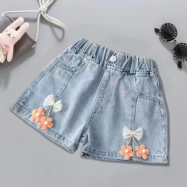  Barn Flickor Shorts Fjäril Streetwear Lappverk Skola 4-12 år Sommar Blå Dammig blå Ljusgrå