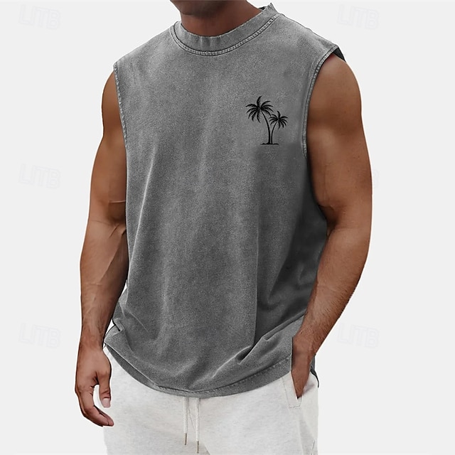 Men's Tank Top Vest Top Undershirt Sleeveless Shirt Sleeveless Crew Neck Summer Coconut Tree Fashion Designer Basic Classic Vacation Street Going out Black Light Green Blue Top Tee for Men