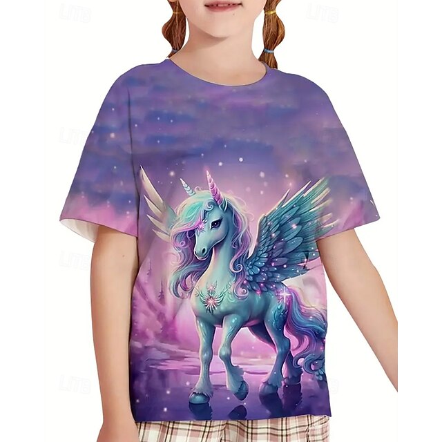  Dla dziewczynek 3D Jednorożec Podkoszulek T-shirt Krótki rękaw Lato Wiosna Moda Podstawowy Dzieci 4-12 lat Półgolf Na zewnątrz Codzienny Regularny