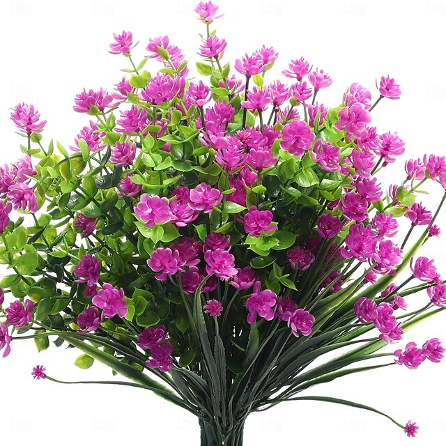  12 maços de flores artificiais para áreas externas, eucalipto artificial, grama de primavera, camélia e folhas de salgueiro de plástico, vegetação artificial resistente a raios UV para jardim, casa,
